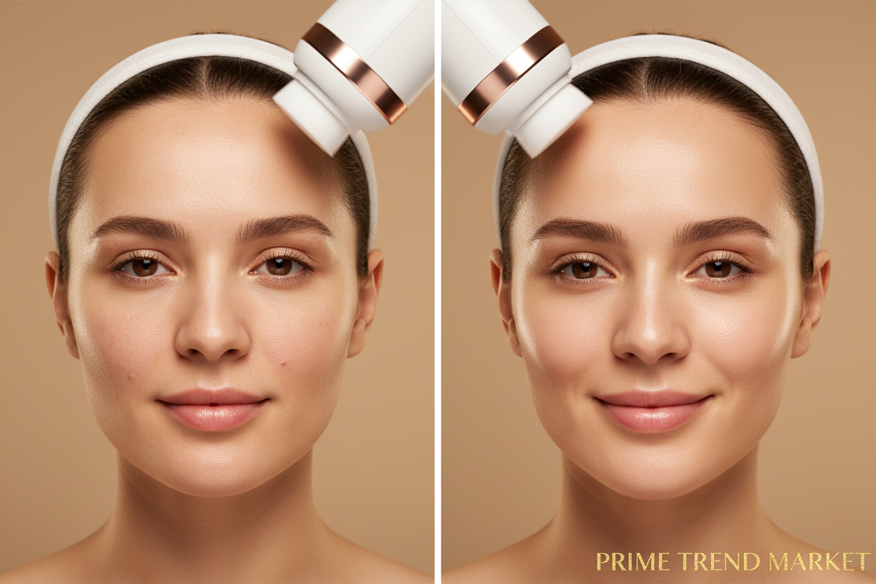 Before and after showing cleaner brighter skin after using facial cleansing spin brush — Prime Trend Market
