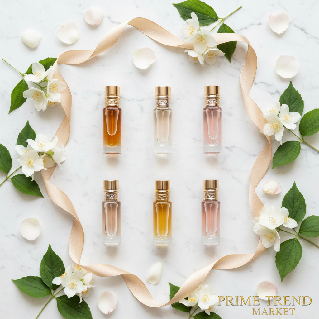 Flat lay of 6 mini perfume bottles on marble with jasmine and rose petals