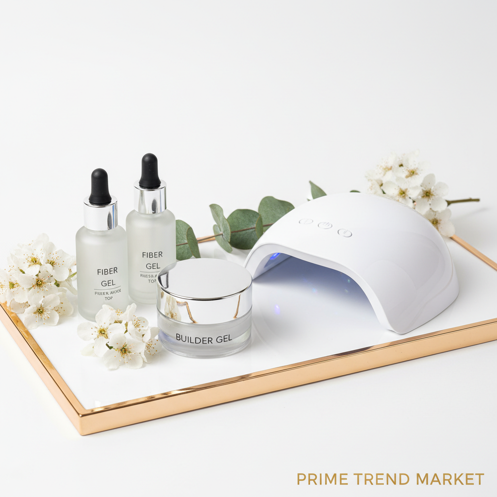 Gel extension trio on white acrylic tray with gold trim and white florals