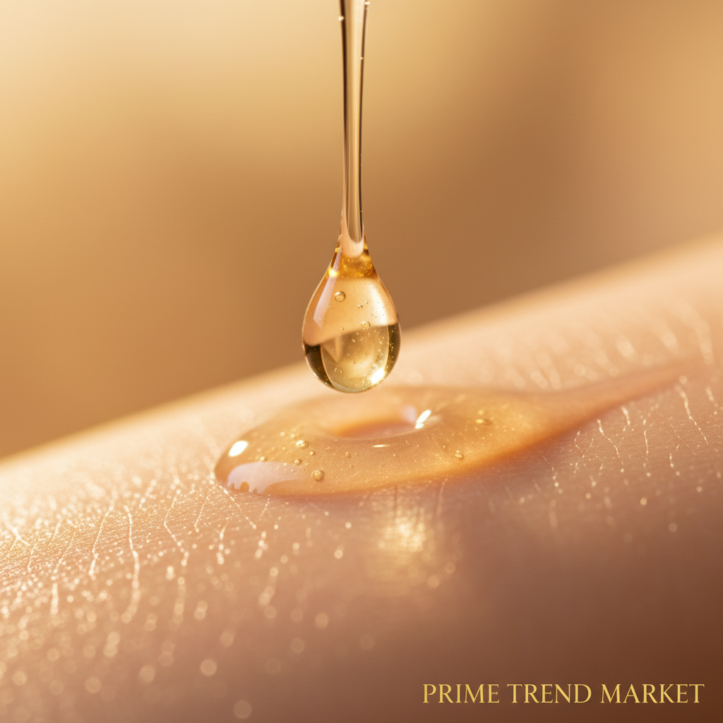 Close-up of golden facial essence drop on smooth glowing skin — Prime Trend Market