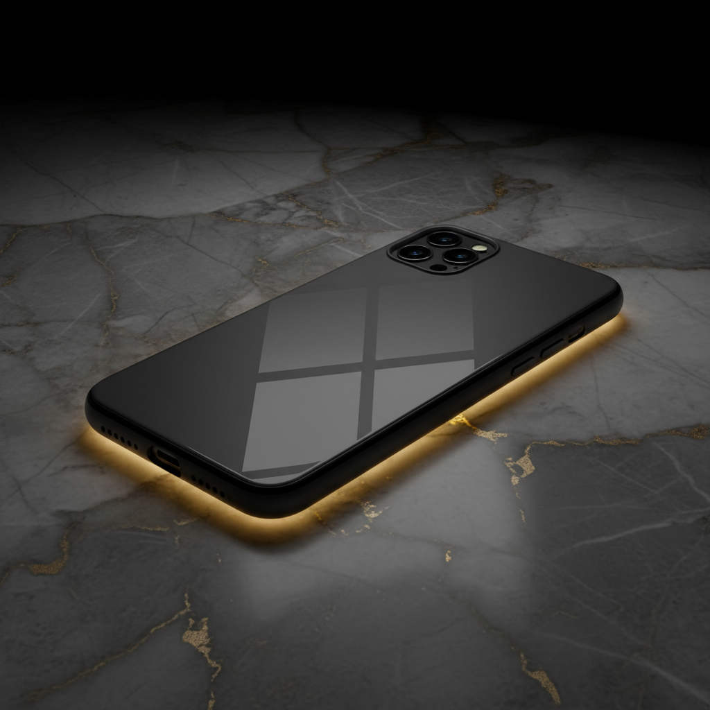Black privacy magnetic glass phone case on dark marble with gold accent lighting