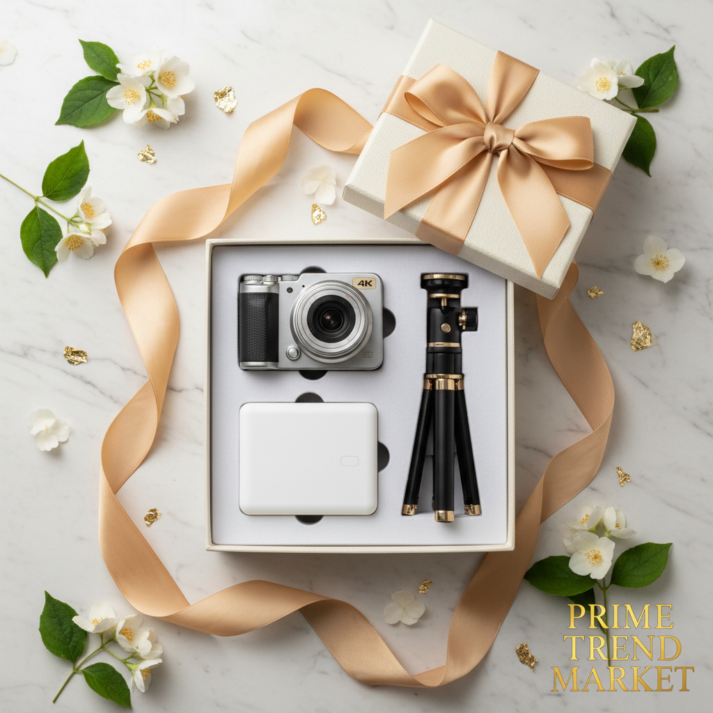 Vlogger Starter Kit luxury gift set with gold ribbon and jasmine flowers on cream marble