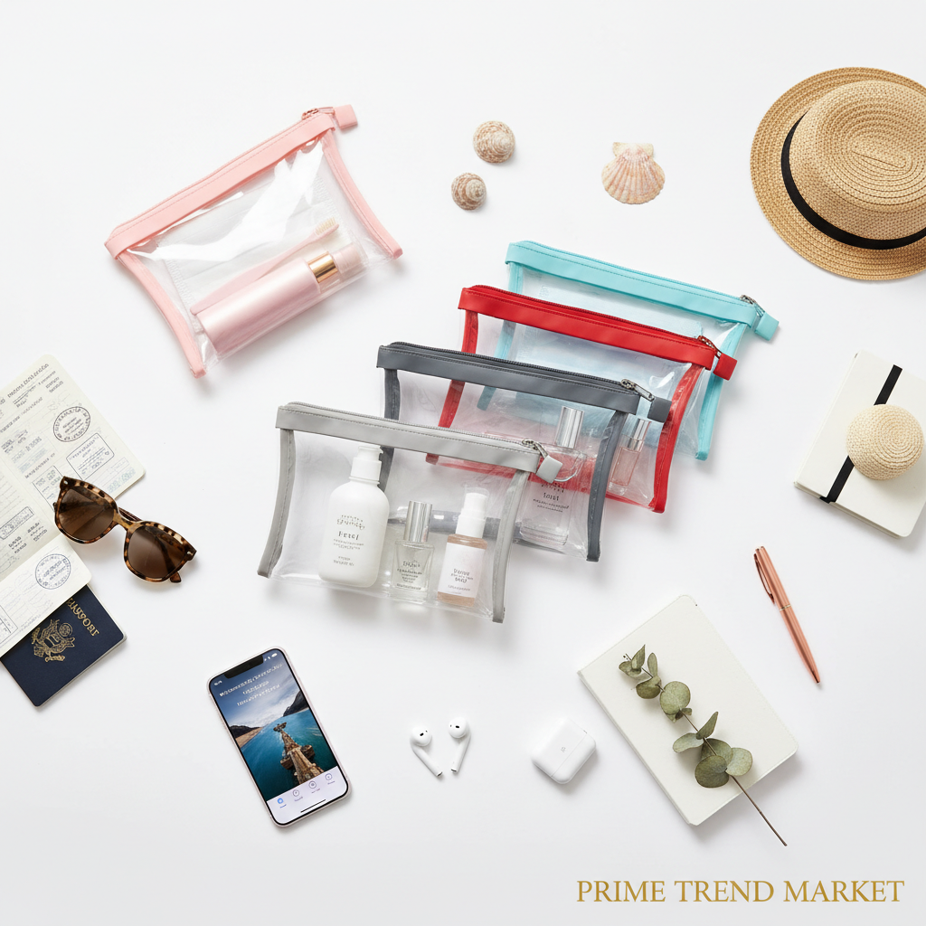 Waterproof cosmetic travel bags in multiple colors with passport and travel essentials
