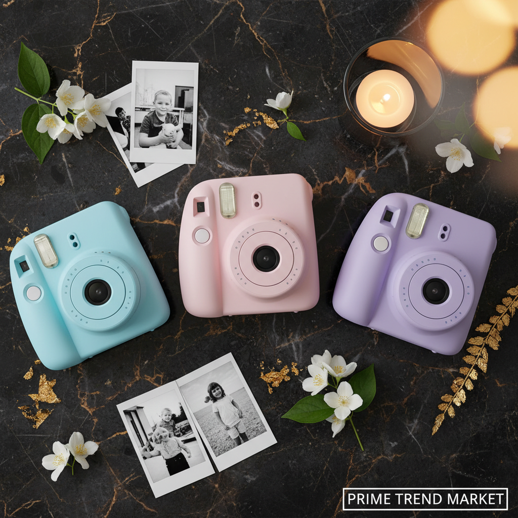 PrintSnap Kids Camera all 3 colors flat lay with printed photos