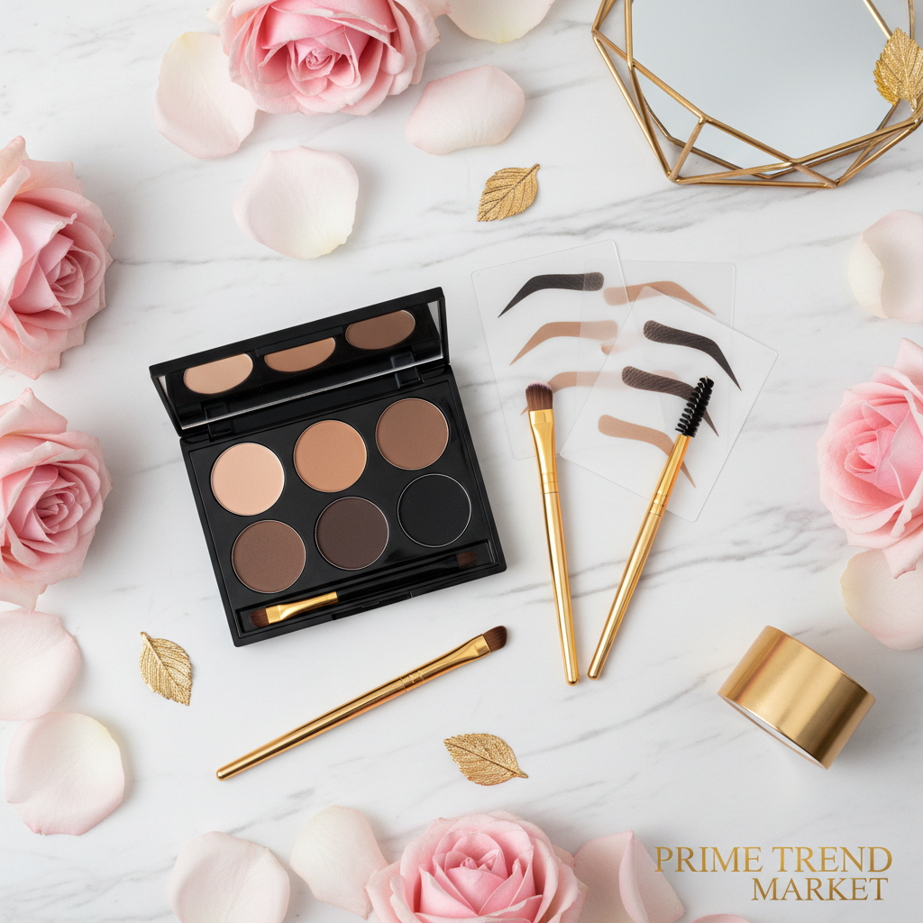 Eyebrow cream powder palette kit stencil cards brush flat lay marble gold rose petals beauty editorial