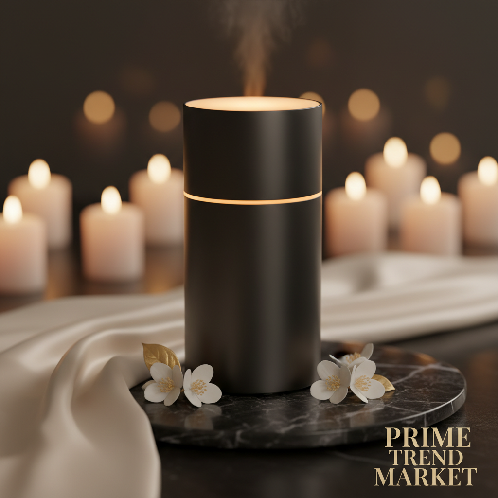 Luxury gunmetal black dual-scent rechargeable aroma diffuser on dark marble with jasmine flowers