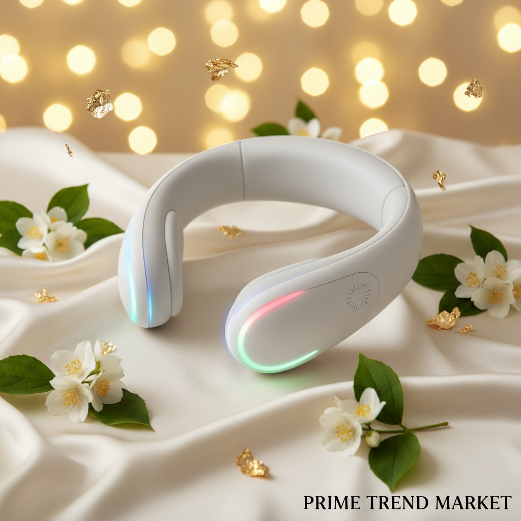 White neck firming massager on cream ivory surface with color light glow