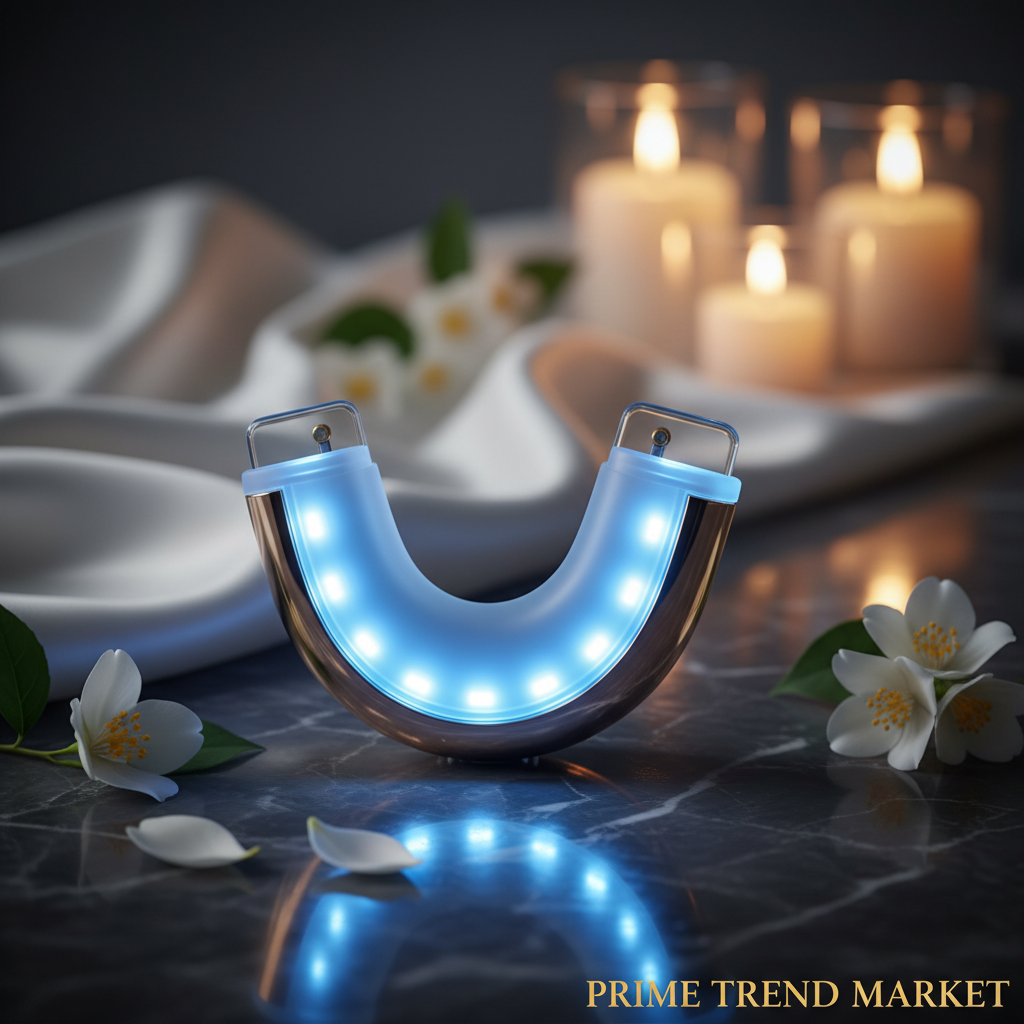 U-shaped LED teeth whitening tray glowing bright blue on dark marble with gold accents and jasmine flowers