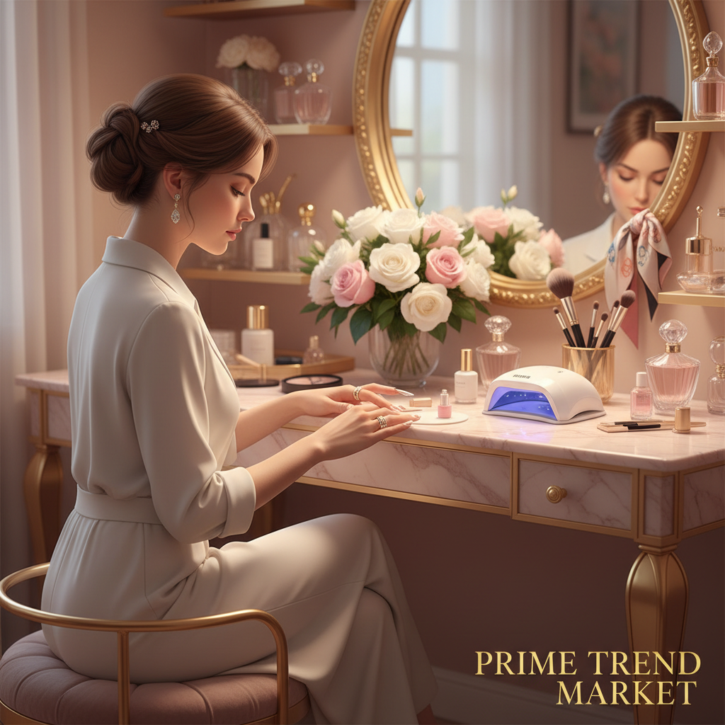 Woman applying French nail tips at luxury vanity