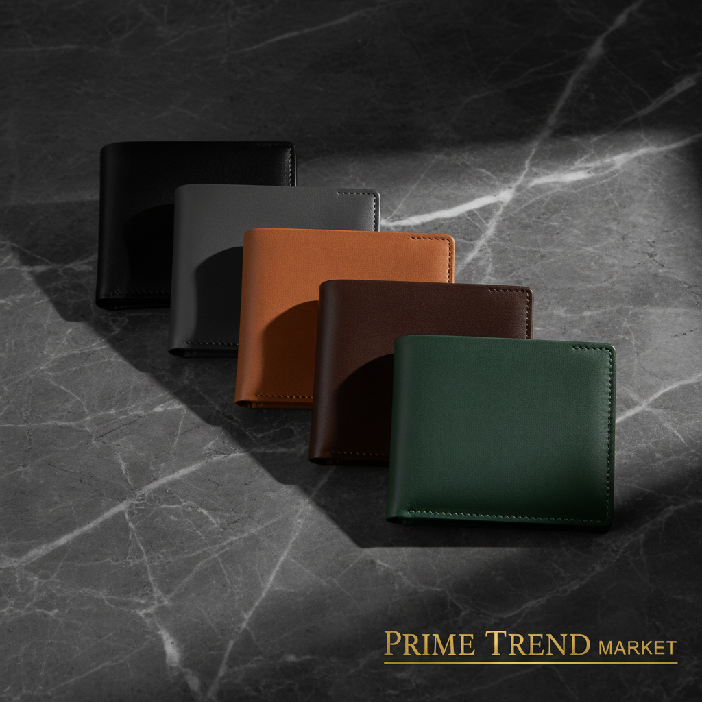 Five color variants of AirTag leather wallet on dark marble surface