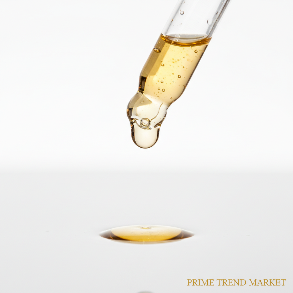 Close-up macro of golden niacinamide serum drop falling from glass dropper on white background