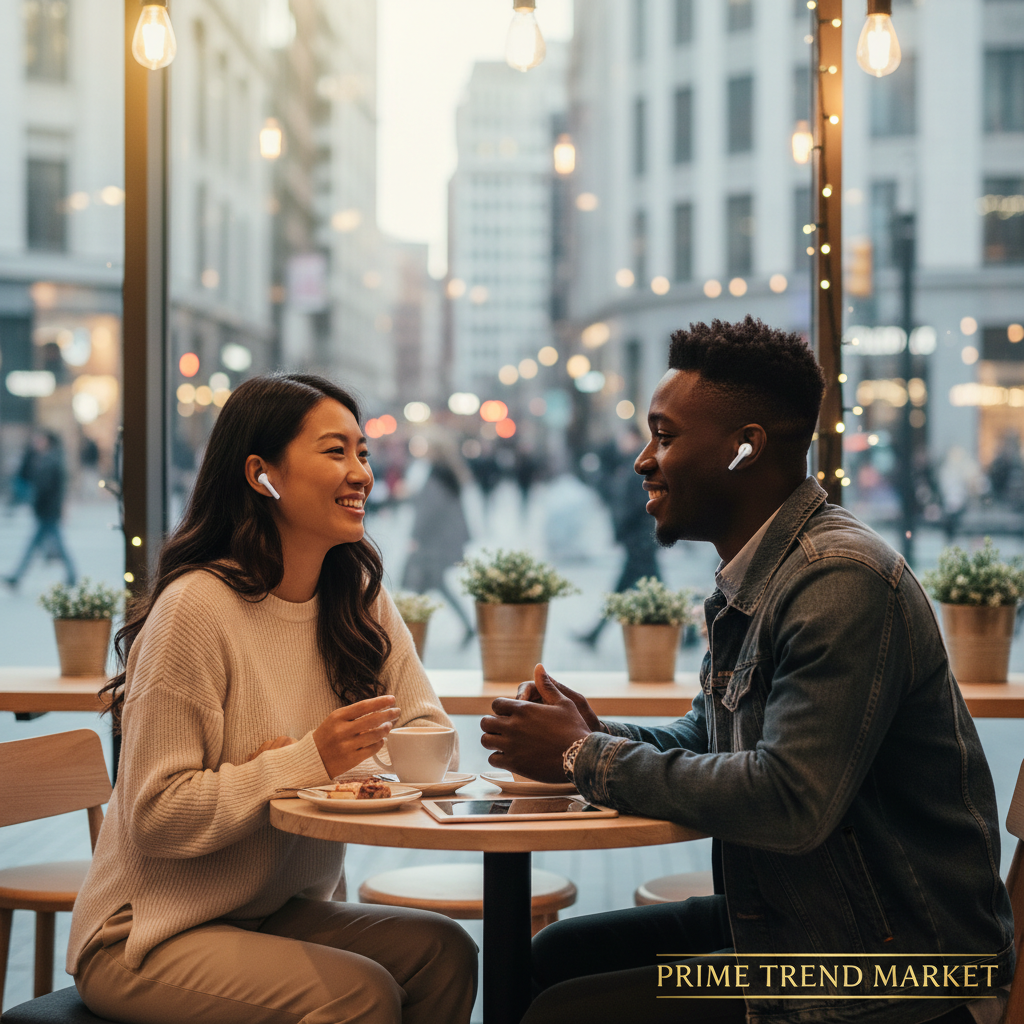 Two people having cross-cultural conversation with translator earbuds — Prime Trend Market