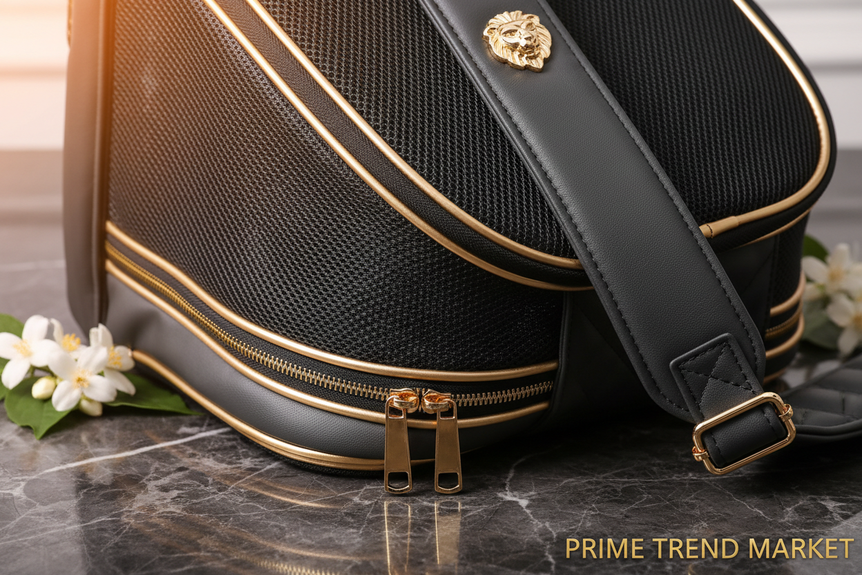 Pet backpack carrier mesh and zipper detail close-up