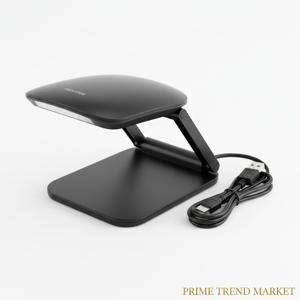 Close-up mini portable black UV LED nail lamp foldable stand USB cable product shot