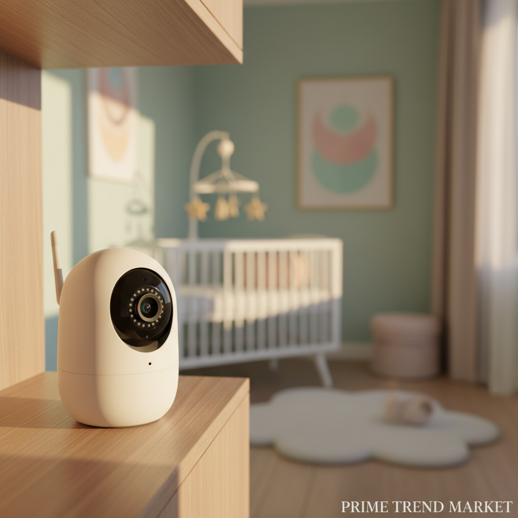 1080P WiFi Pet Baby Monitor Camera on luxury nursery shelf lifestyle shot