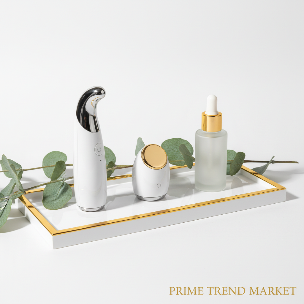 Anti-aging trio on white acrylic tray with gold trim and eucalyptus