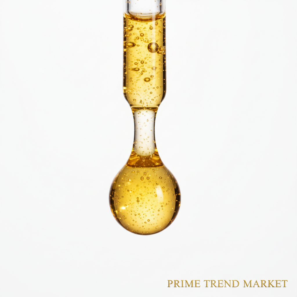 Close-up macro of golden retinol serum drop falling from glass dropper on clean white background