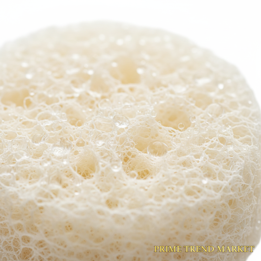 Close-up macro of konjac sponge showing soft porous natural fiber texture with water droplets