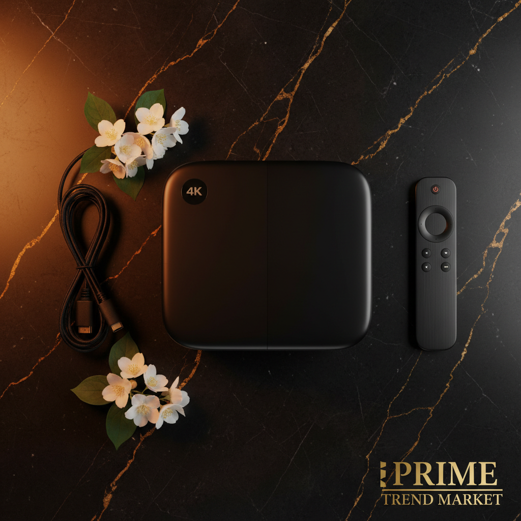 Flat lay of 4K smart projector with remote control and HDMI cable on black marble - Prime Trend Market