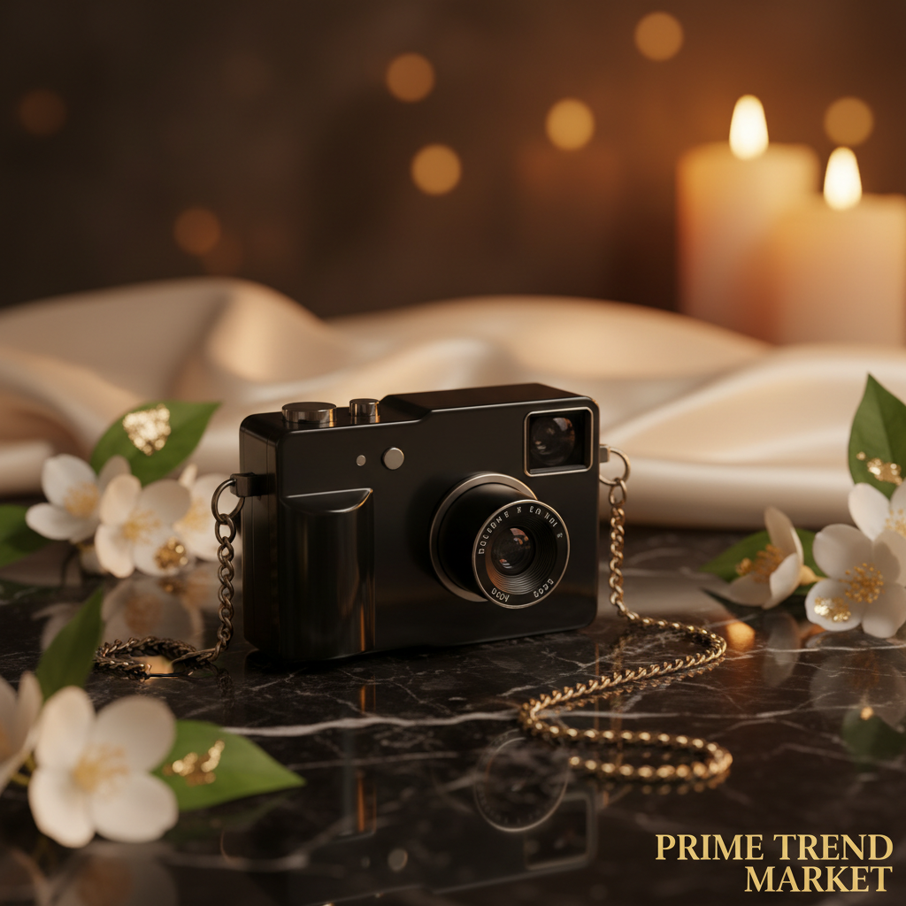 RetroShot black retro camera on dark marble with jasmine