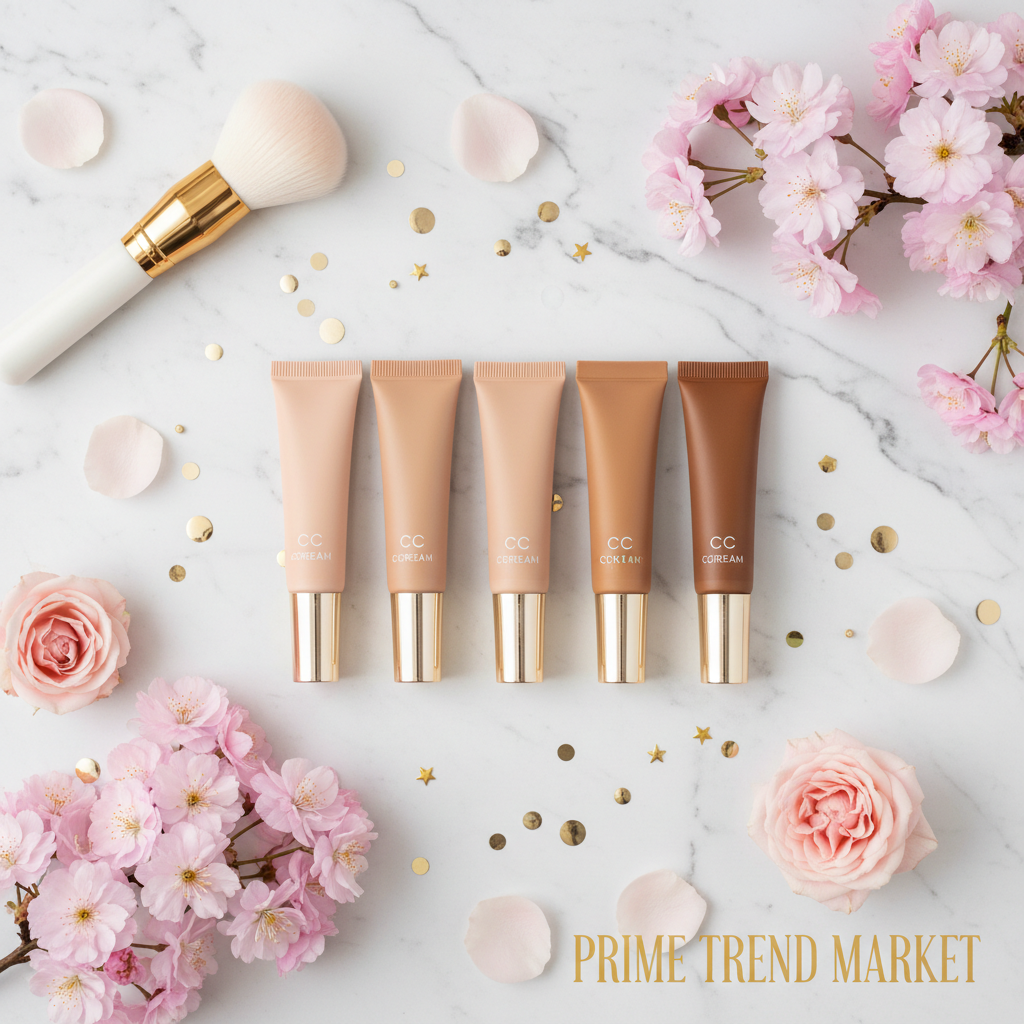 CC cream concealer tubes in light and dark shades on white marble with pink flowers and gold confetti