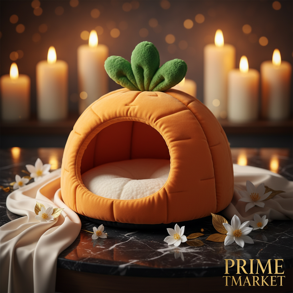 Premium orange carrot-shaped cat pet bed on dark marble with gold accents and jasmine flowers
