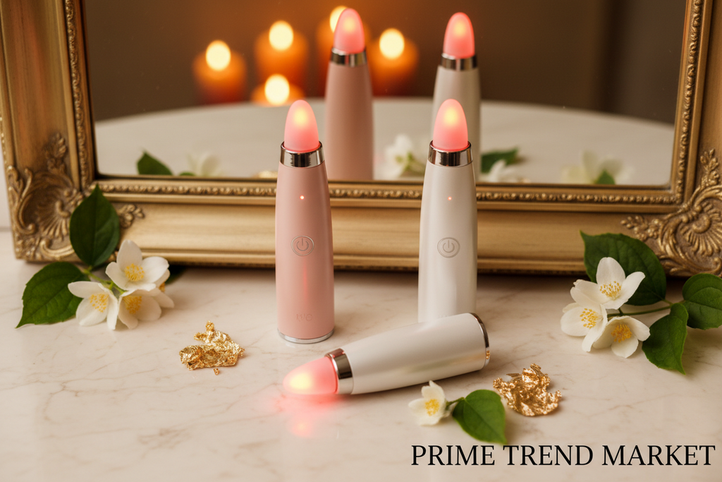 Luxury EMS Red Light Eye Beauty Massager Pink and White Duo Vanity Flatlay