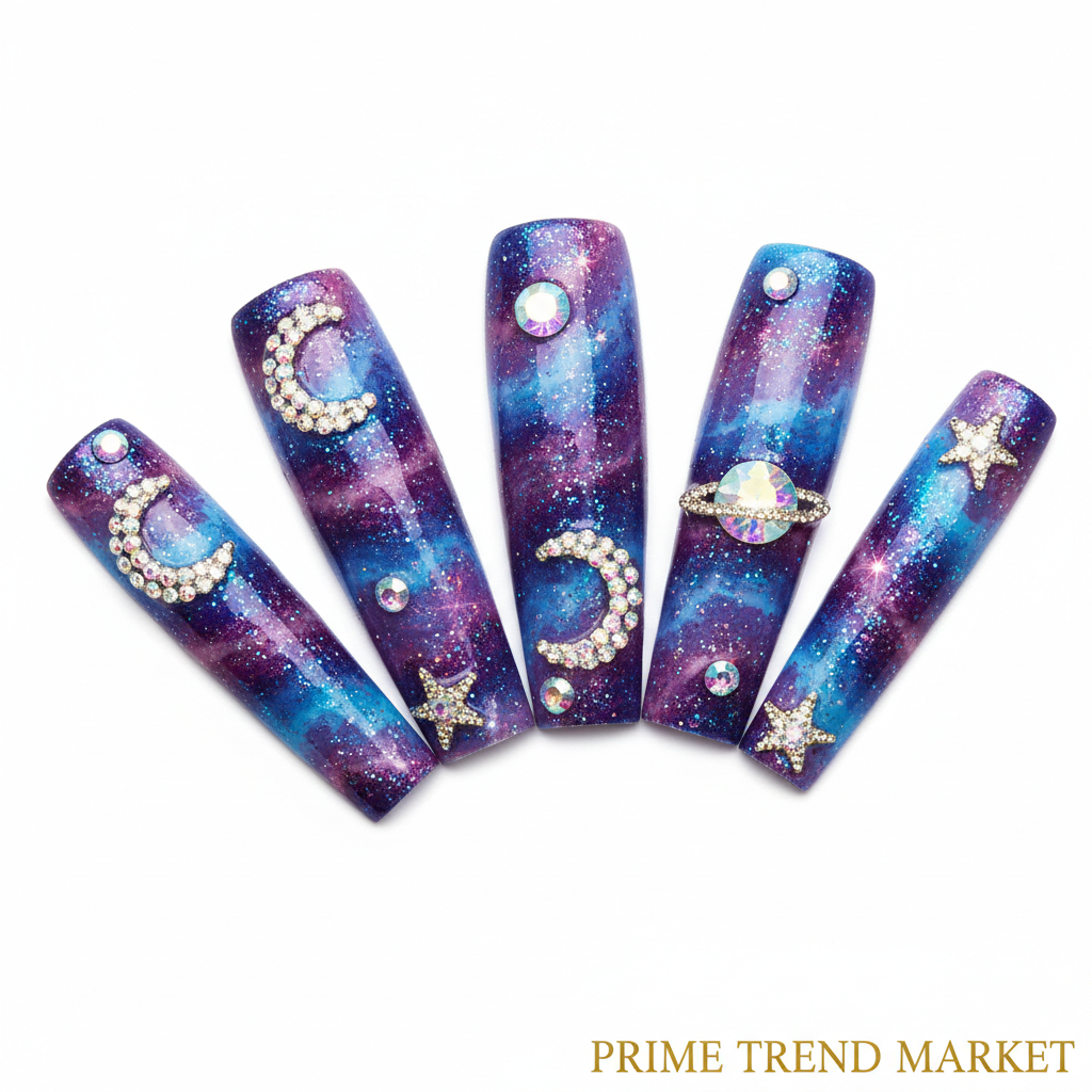 Close-up macro planet diamond star nail art rhinestone details