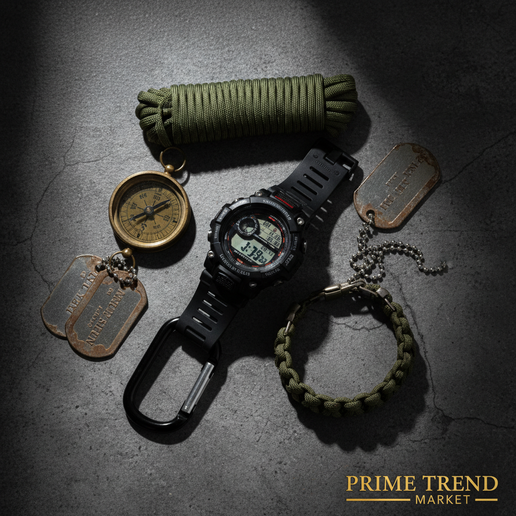 Military tactical watch flatlay with tactical gear on dark concrete