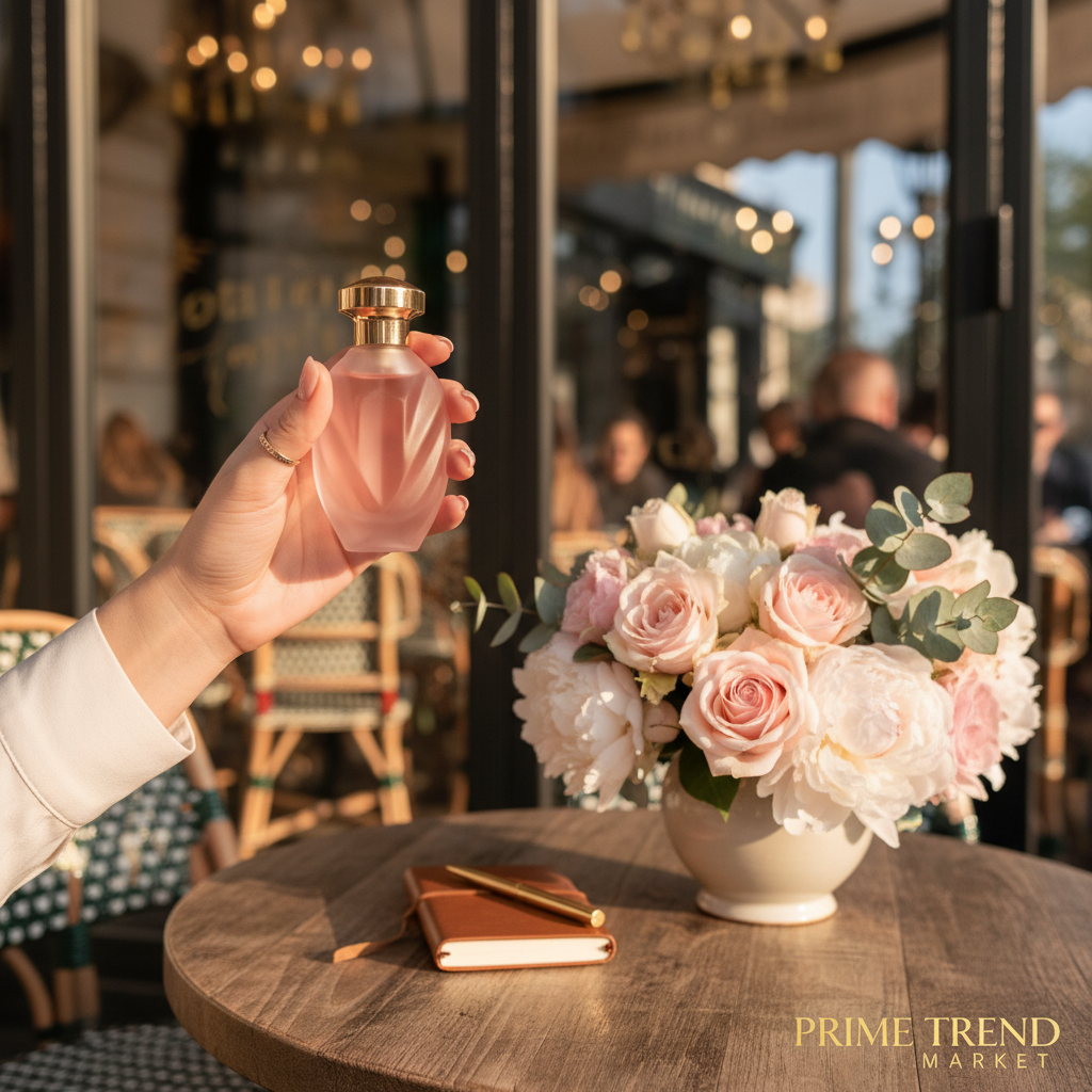Woman holding pink perfume bottle at Parisian café window