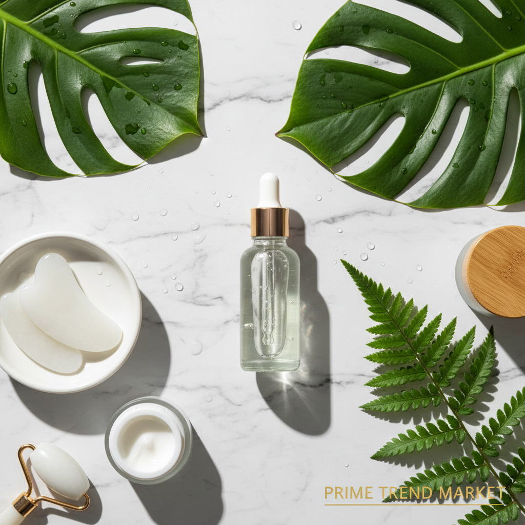Niacinamide face serum bottle on white marble with green leaves and water droplets skincare flat lay