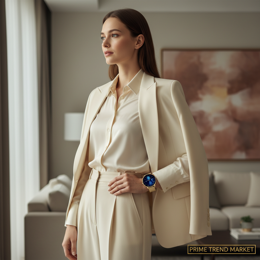 Elegant woman wearing KW10Pro gold mesh smartwatch in chic lifestyle setting