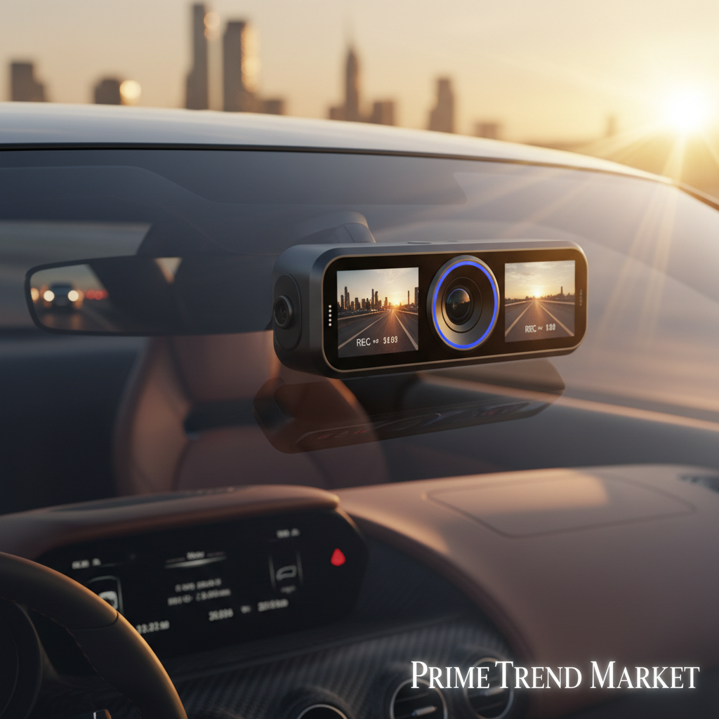 3-Channel Dash Cam mounted on luxury car windshield golden hour — Prime Trend Market