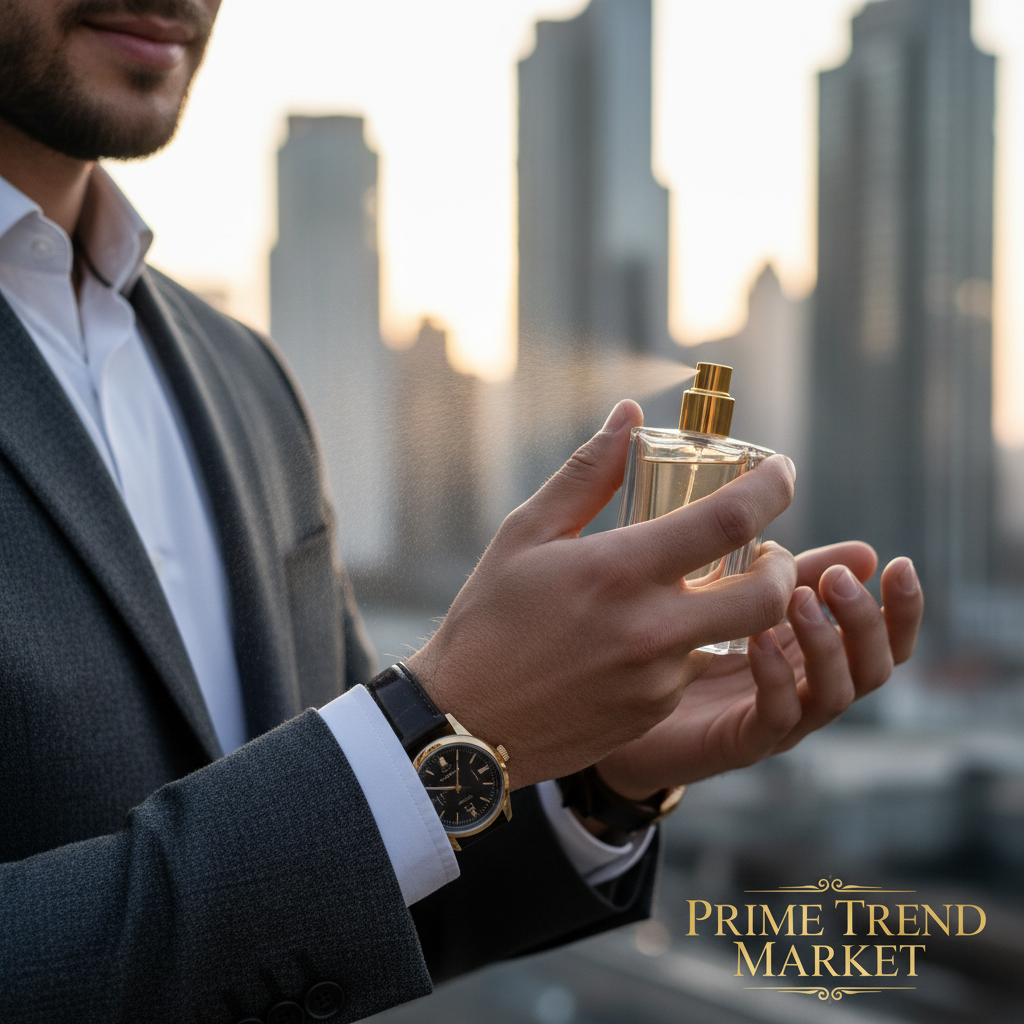 Man in suit spraying niche perfume on wrist