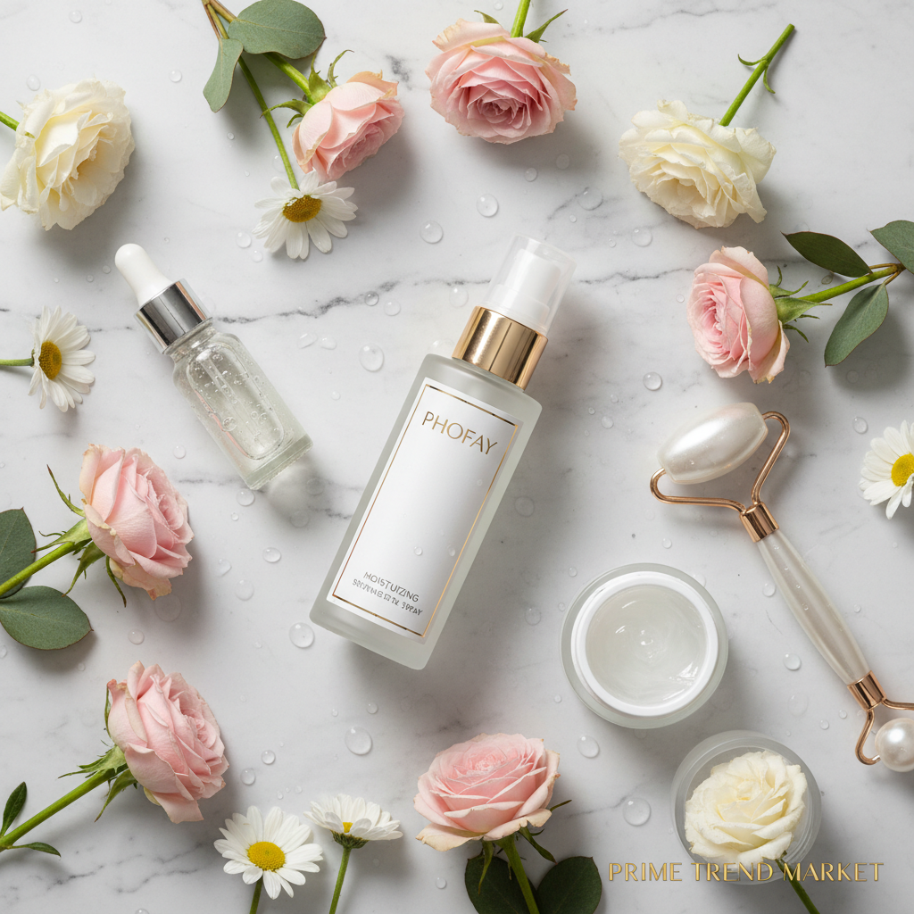 Setting spray flat lay on marble with flowers