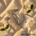 Neck lifting device, V-face roller and EMS neck massager on cream silk with jasmine flowers