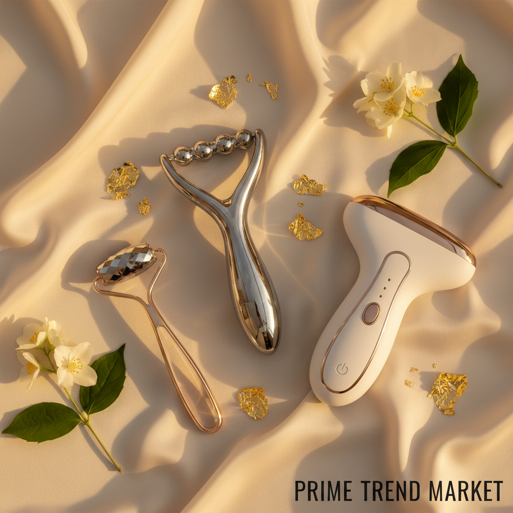Neck lifting device, V-face roller and EMS neck massager on cream silk with jasmine flowers