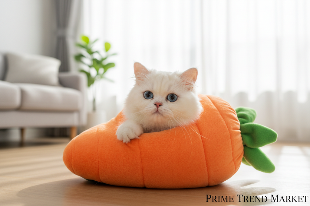 Cute white cat peeking out from inside premium orange carrot-shaped pet bed