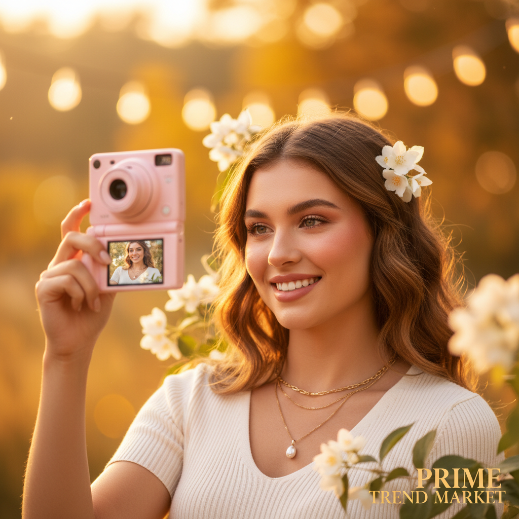 FlipShot woman vlogging with pink flip-screen camera