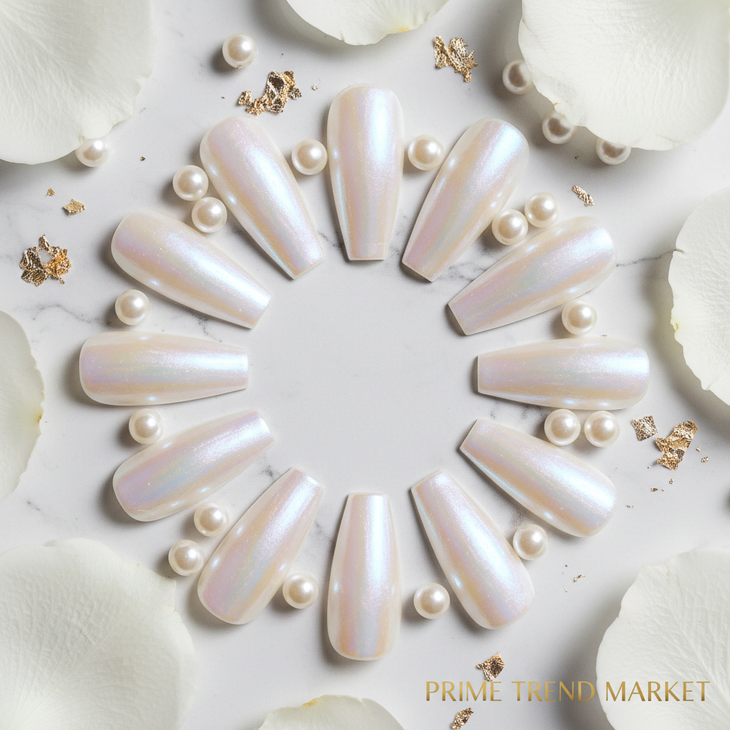 Aurora white press-on nails flat lay on white marble with rose petals and pearl beads