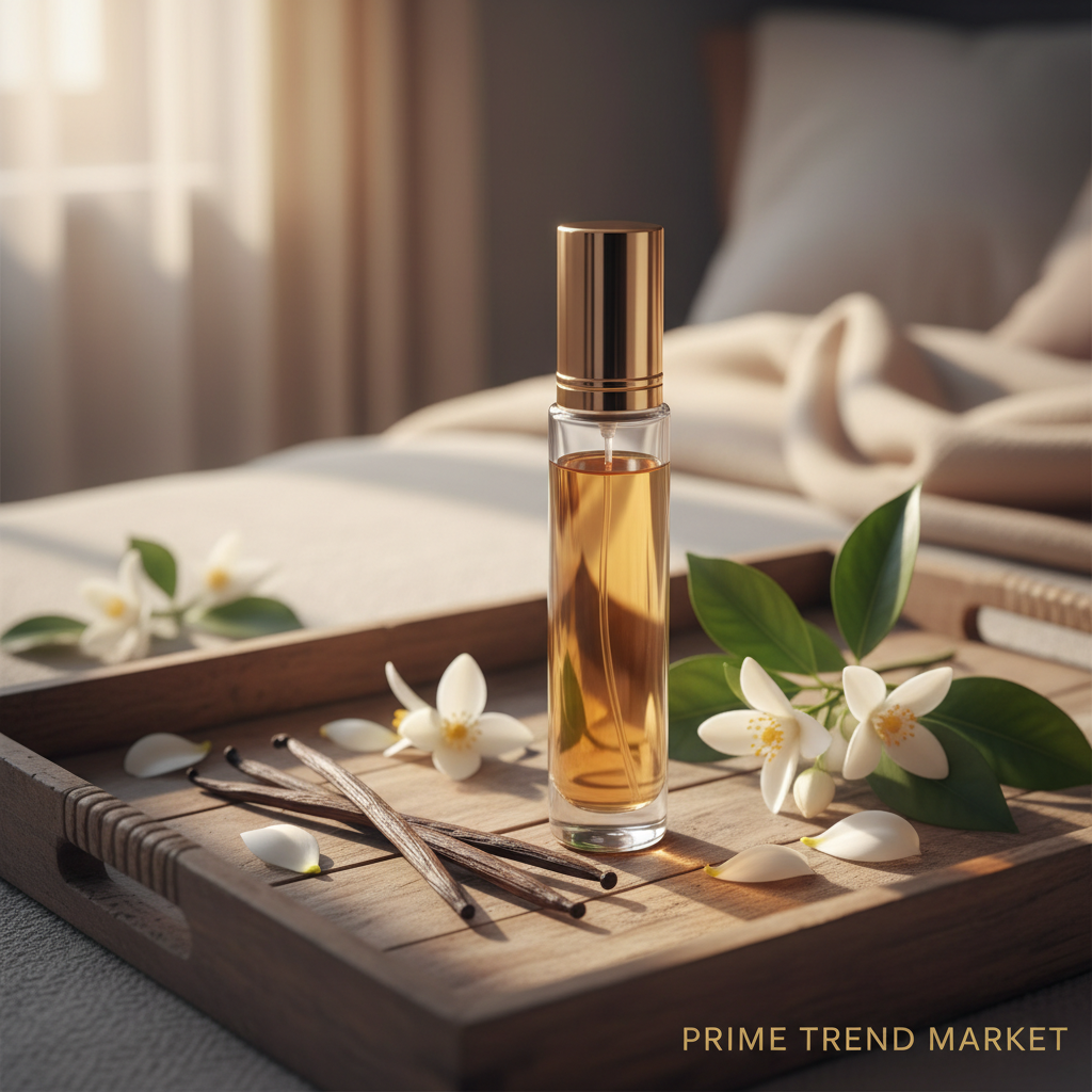 Water of Freedom perfume on wooden tray with vanilla sticks and orange blossom