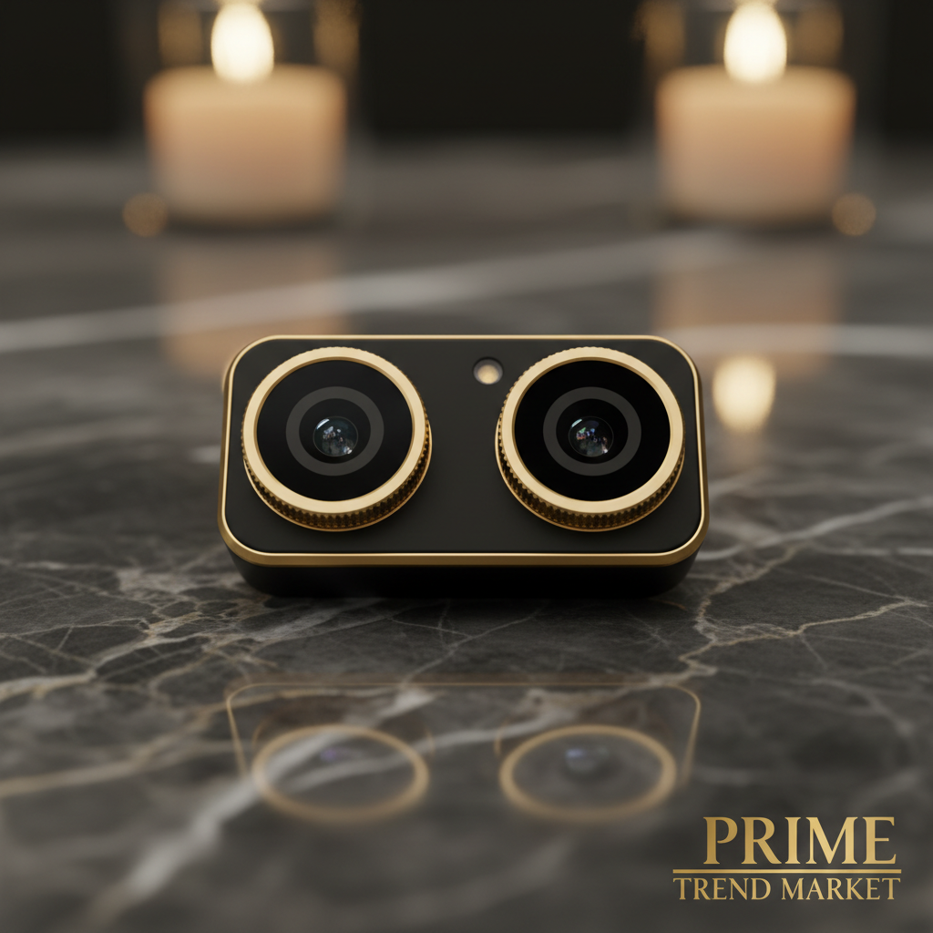 Black 4K dual camera close-up showing front and rear lens on dark marble