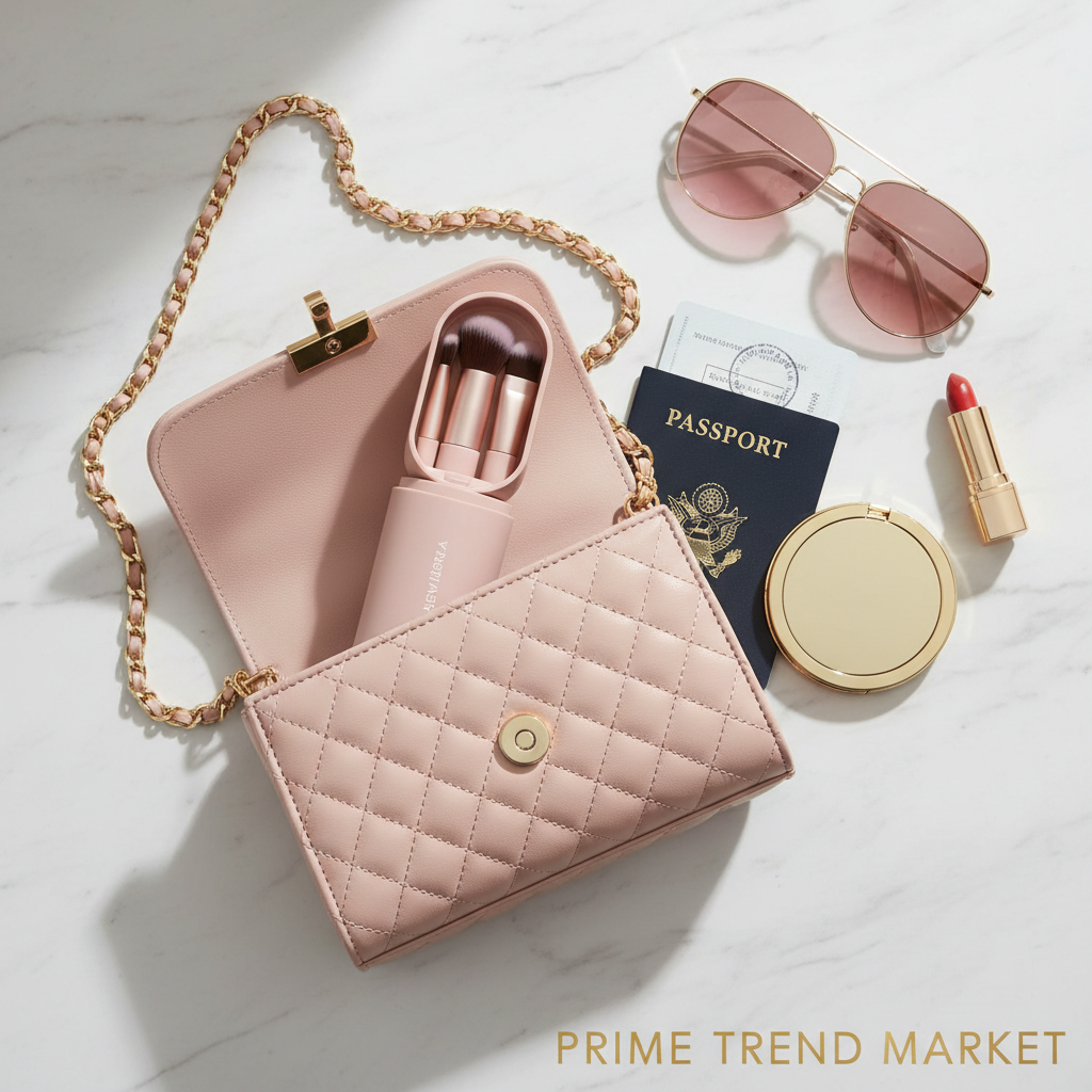 4-in-1 portable pink makeup brush set inside handbag with passport and travel essentials