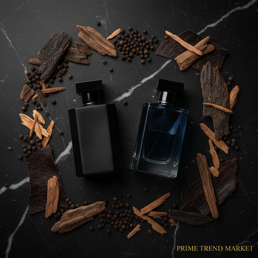 Men's Niche Fragrance black and blue bottles oud cedar flat lay - Prime Trend Market