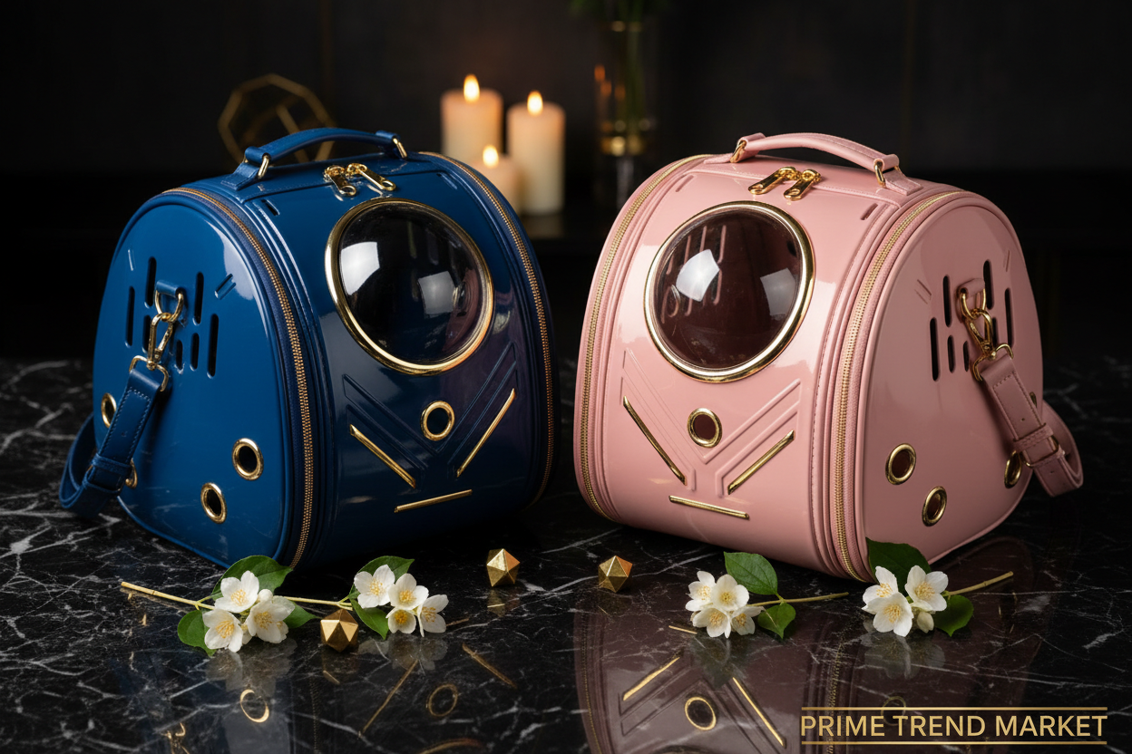 Blue and pink space capsule pet carrier bags side by side color comparison
