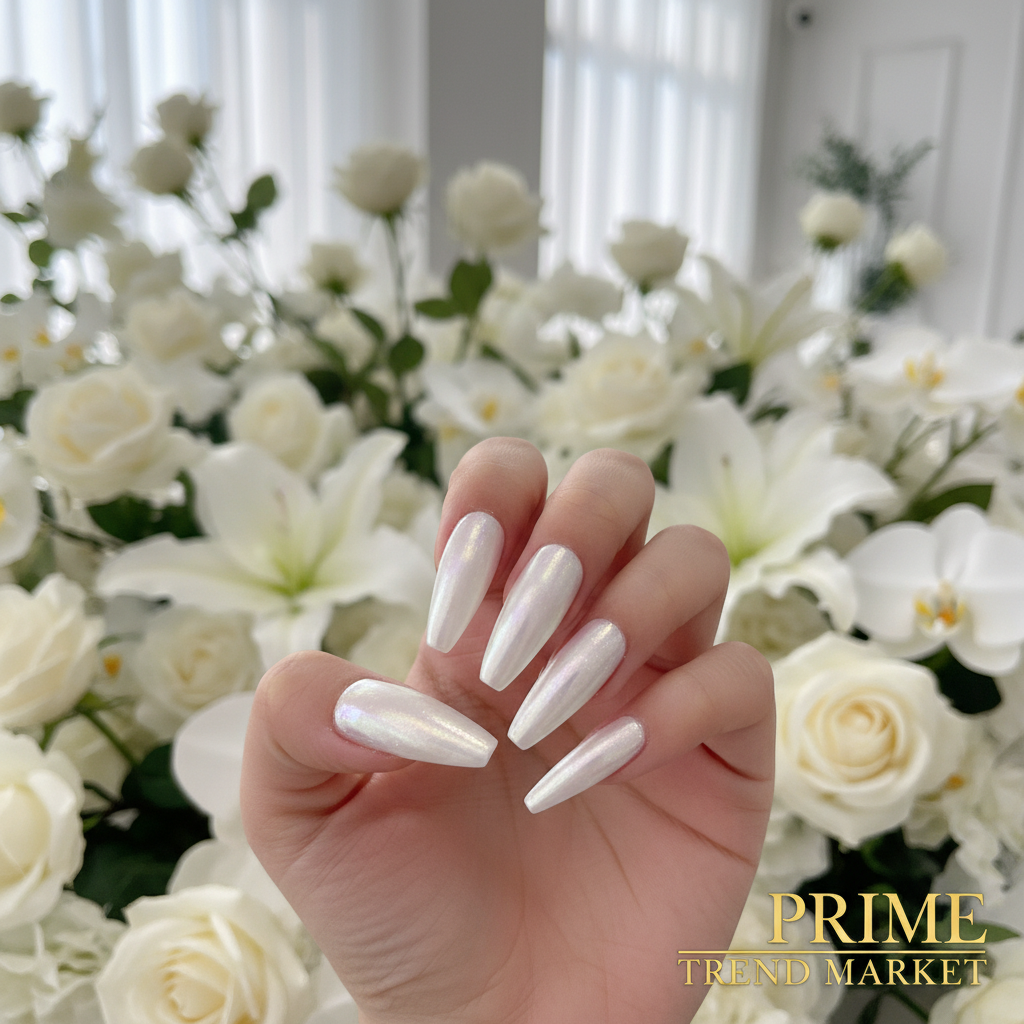 Hand wearing long water pipe aurora white press-on nails with bridal white flower bokeh