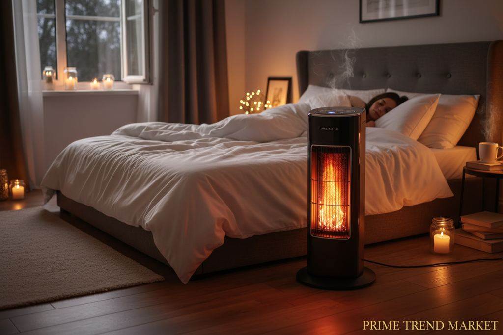 3D flame tower heater in cozy bedroom at night - Prime Trend Market