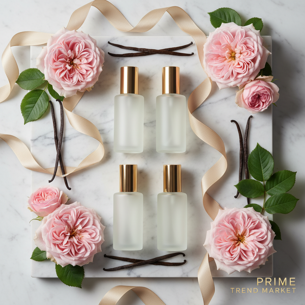 Vanilla fragrance mist 4-bottle gift set flat lay with roses - Prime Trend Market