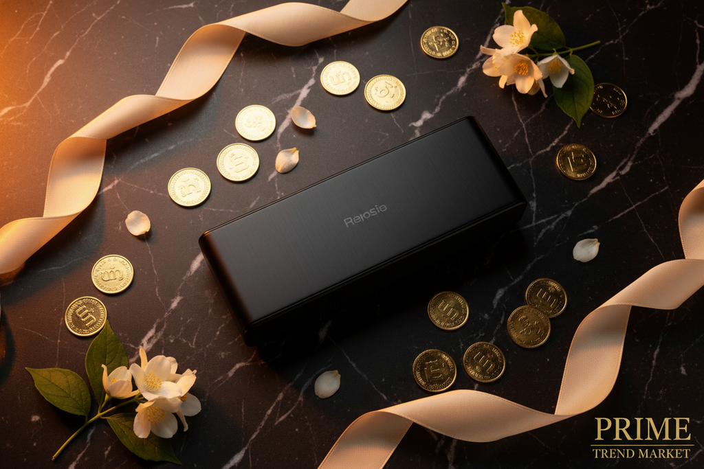 Luxury flat lay of soundbar on black marble with gold coins and jasmine petals