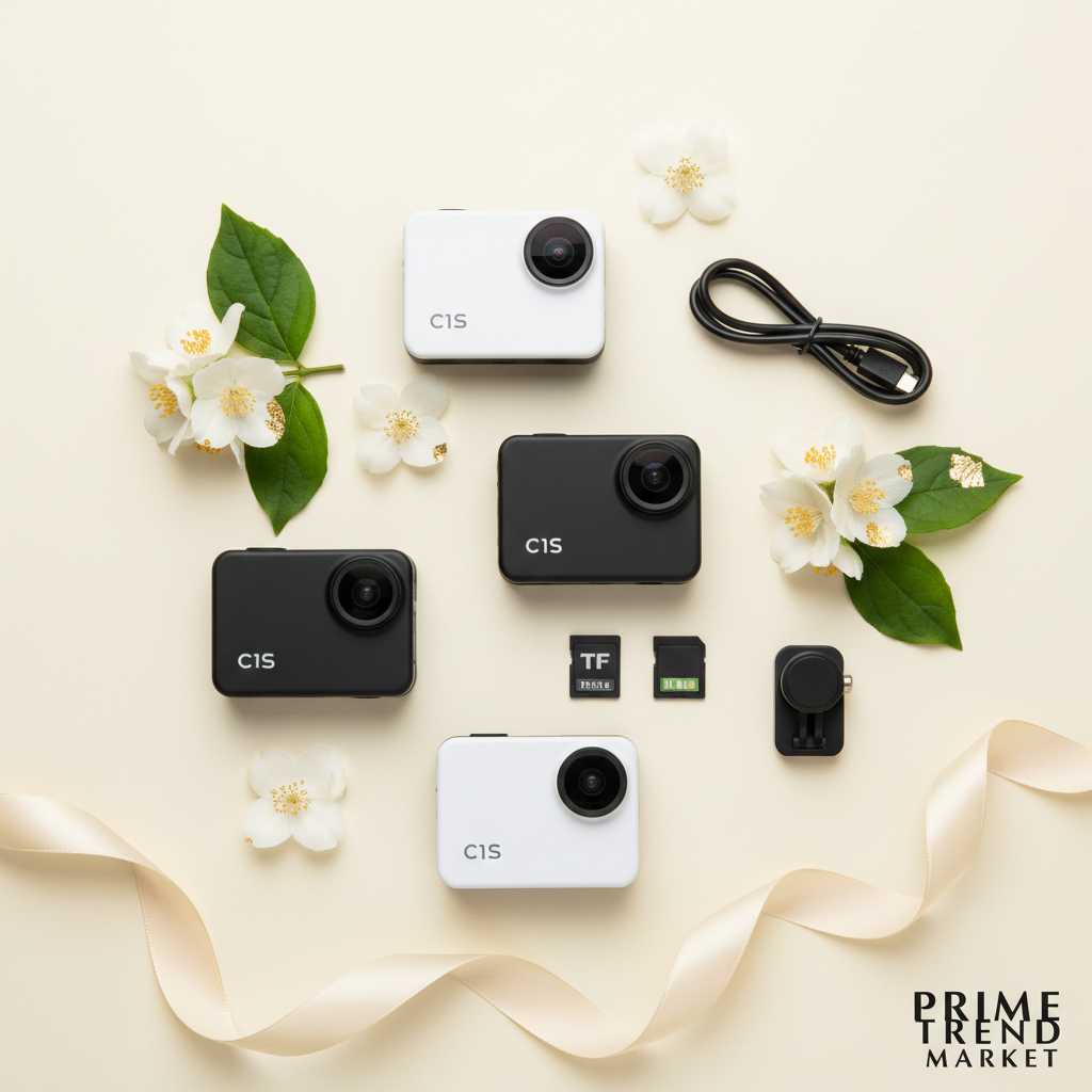 C1S 1080P HD Sports Action Camera flat lay with jasmine flowers TF cards and accessories